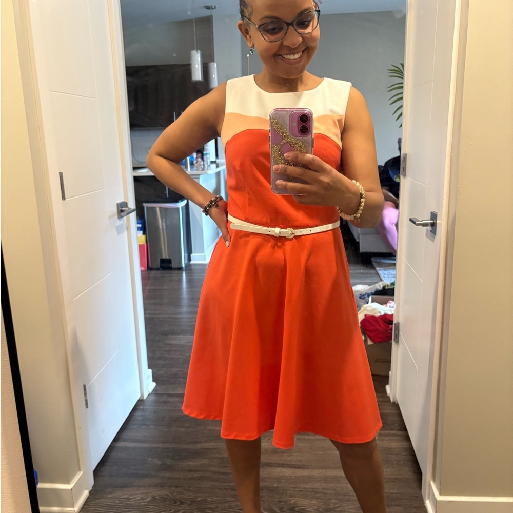 Dressbarn Orange and White Sleeveless Dress